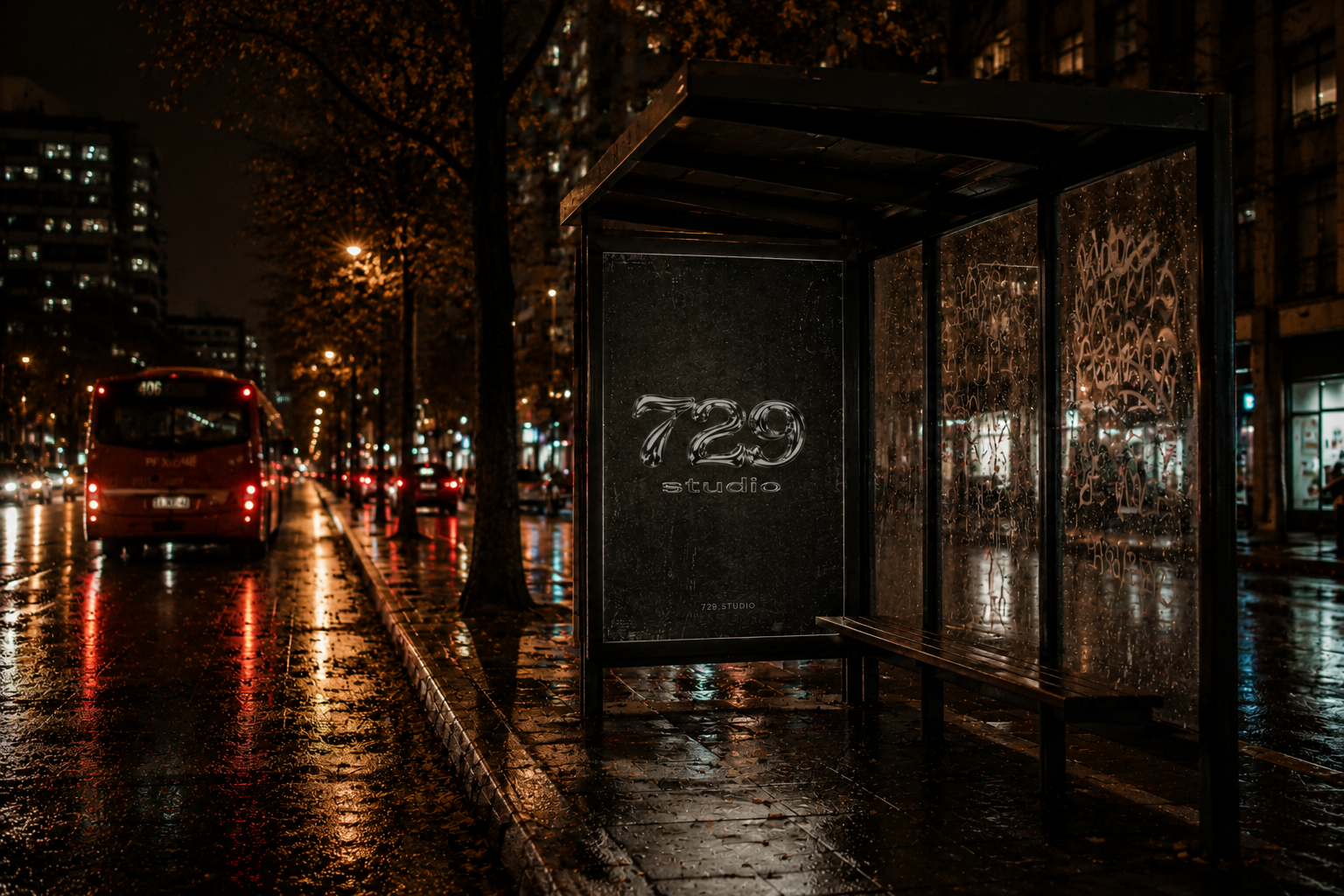 729 studio poster in a rainy Santiago bus stop